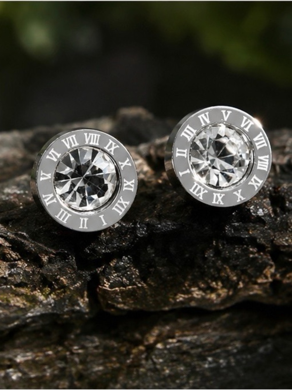 Round Clear Crystal Stud Earrings with Roman Numeral Halo - Silver Tone